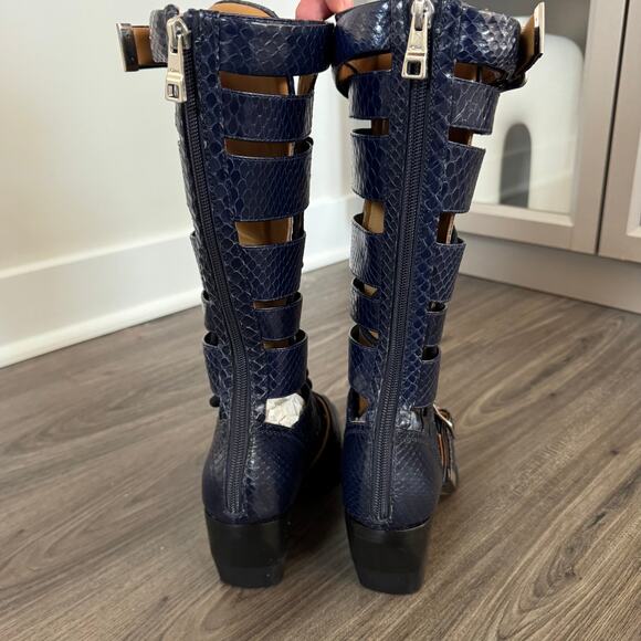 Chloe Riley Knee High Navy Leather Snakeskin Block Heeled Boots 37 NEW Bootie - Picture 4 of 7